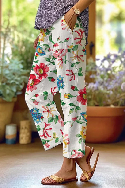 Pantalones casuales de patchwork floral, sueltos, de cintura media, rectos, con estampado completo