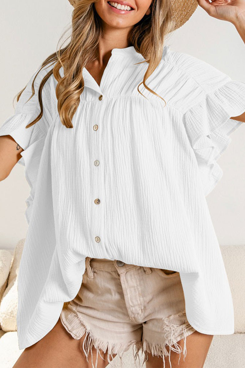 Blusas casuales de cuello mandarín con orillo y pliegues lisos (5 colores)
