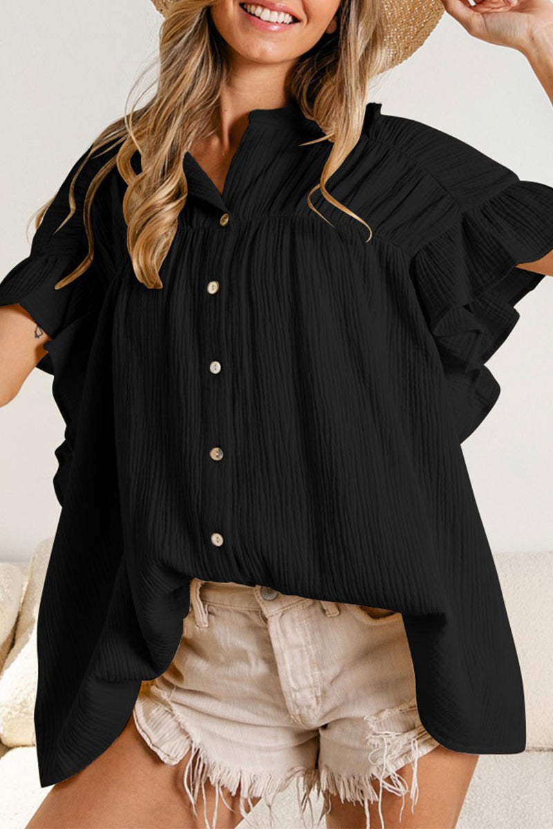 Blusas casuales de cuello mandarín con orillo y pliegues lisos (5 colores)