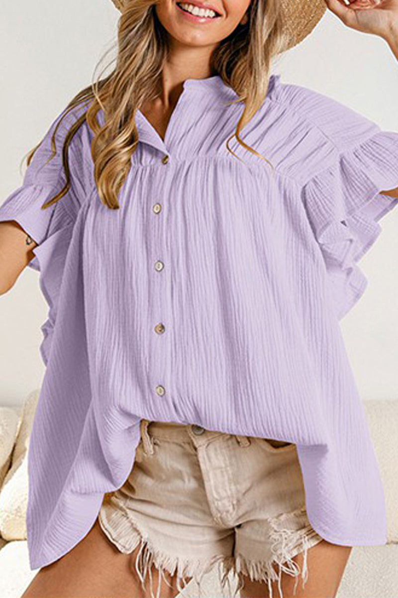 Blusas casuales de cuello mandarín con orillo y pliegues lisos (5 colores)