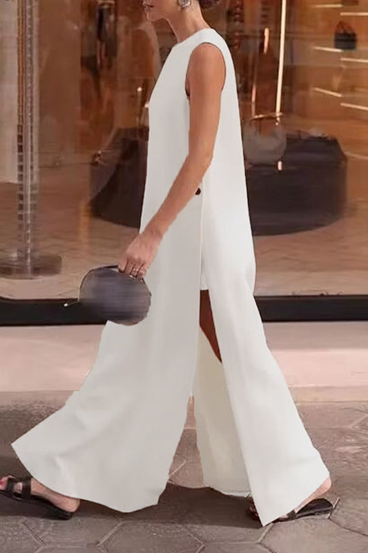 Vestidos casuales sencillos con botones lisos, aberturas y cuello redondo sin mangas