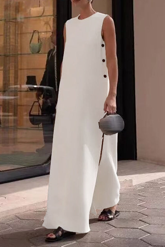 Vestidos casuales sencillos con botones lisos, aberturas y cuello redondo sin mangas