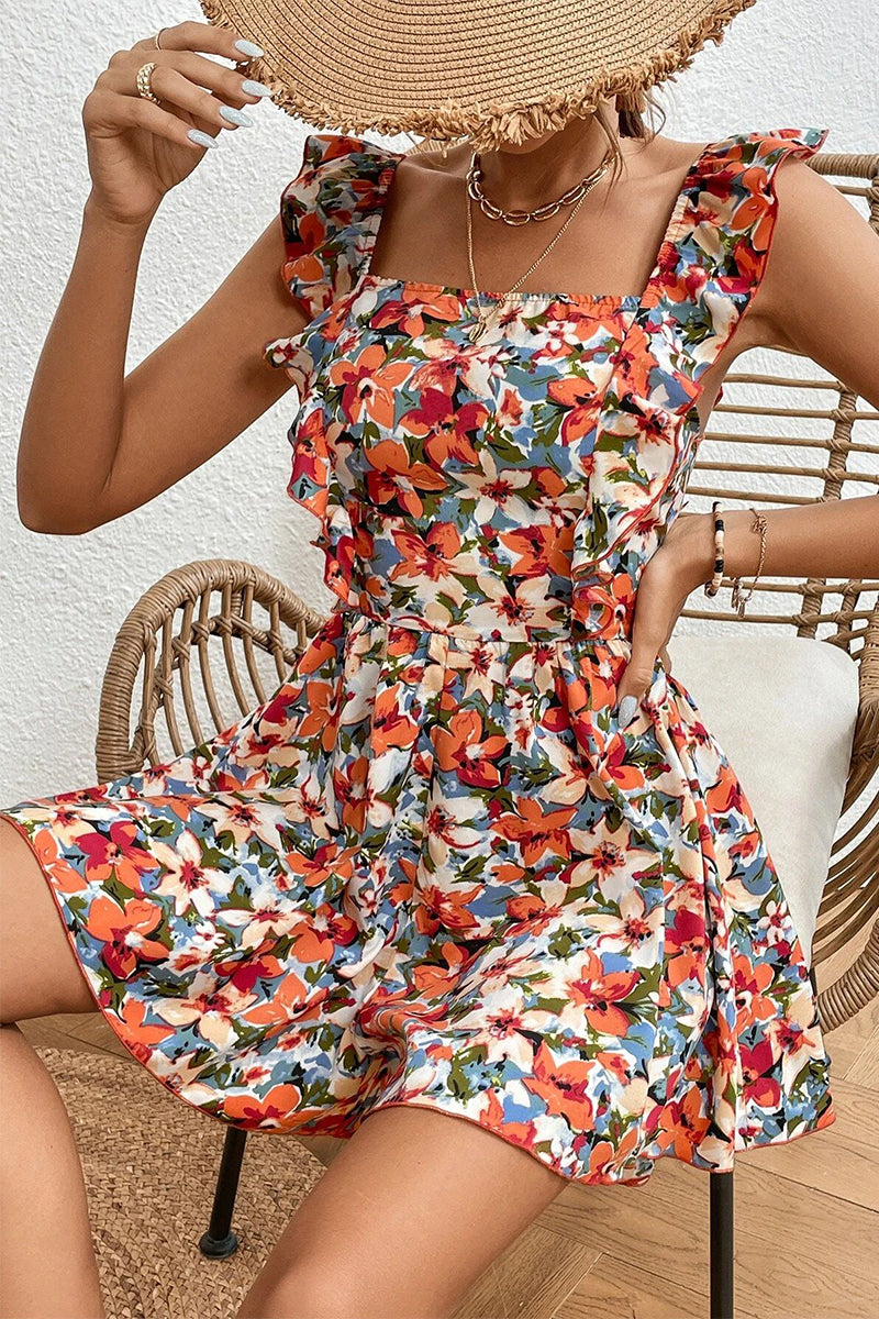 Mono holgado elegante con estampado floral, espalda descubierta, volantes y cuello cuadrado (4 colores)