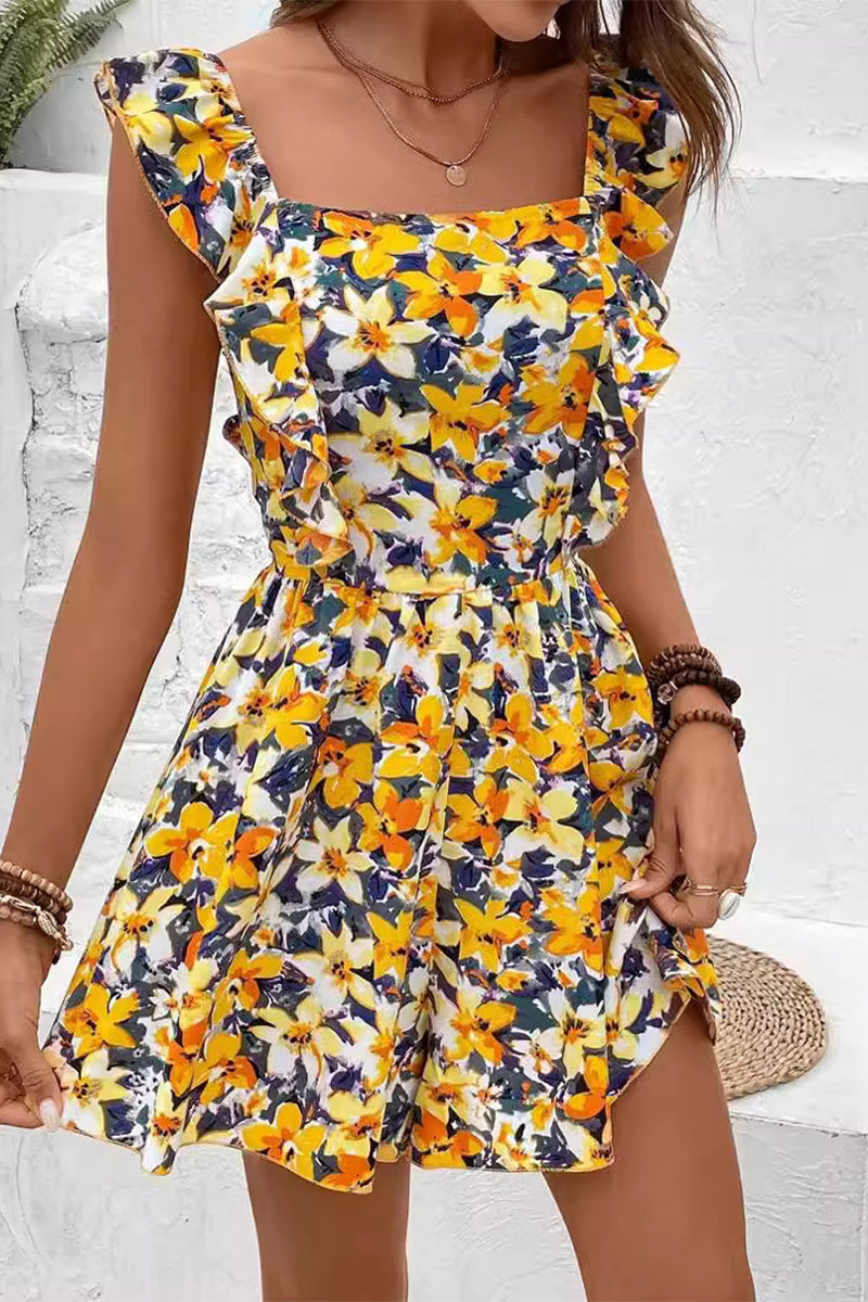 Mono holgado elegante con estampado floral, espalda descubierta, volantes y cuello cuadrado (4 colores)