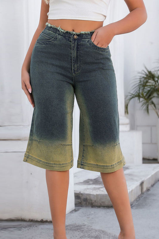 Pantalones cortos vaqueros holgados de cintura media con botones y cremallera y bolsillos de patchwork con degradado vintage informal