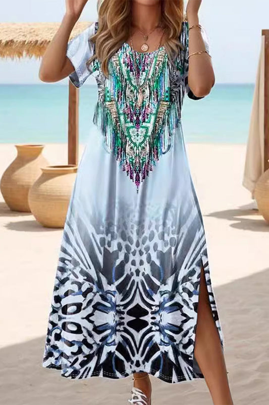 Vestidos casuales vintage con estampado de tótem nacional, cuello redondo, manga corta (4 colores)