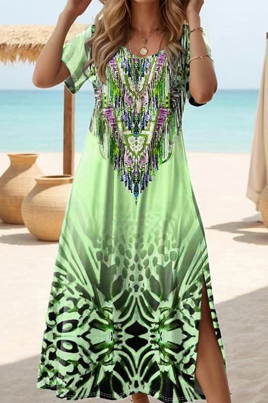 Vestidos casuales vintage con estampado de tótem nacional, cuello redondo, manga corta (4 colores)