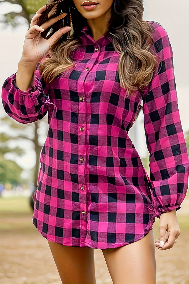 Vestidos camiseros casuales con cuello vuelto, hebillas y cuadros escoceses en contraste