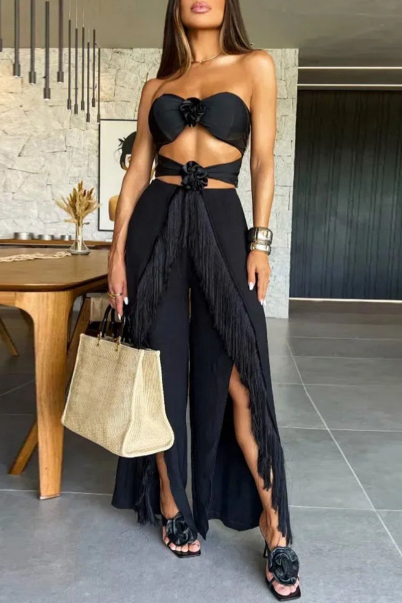 Conjunto de dos piezas sexy informal con borlas sólidas, ahuecado, sin espalda, con abertura y sin tirantes