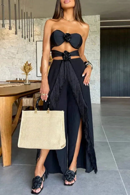 Conjunto de dos piezas sexy informal con borlas sólidas, ahuecado, sin espalda, con abertura y sin tirantes