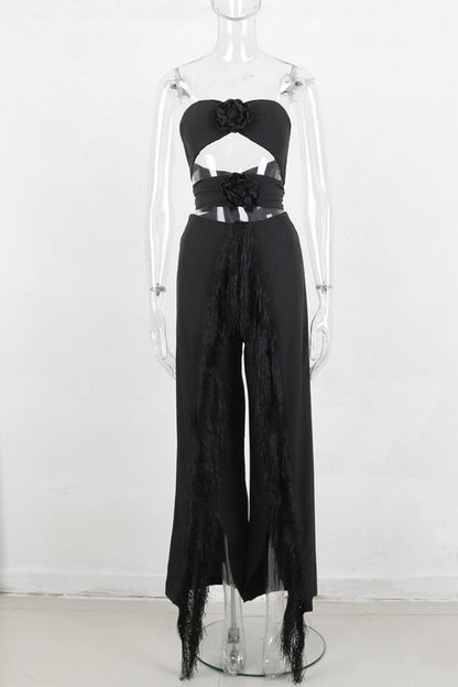Conjunto de dos piezas sexy informal con borlas sólidas, ahuecado, sin espalda, con abertura y sin tirantes