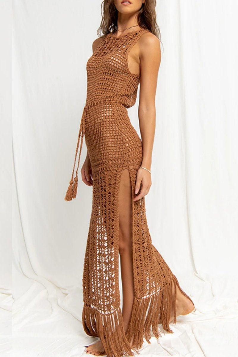 Vestidos de playa casuales con borlas lisas, aberturas transparentes y cuello redondo