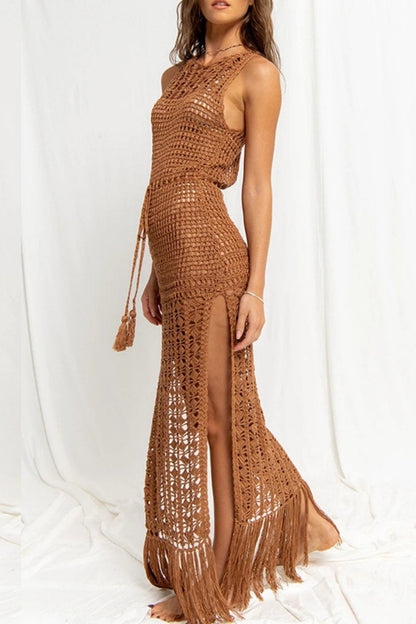 Vestidos de playa casuales con borlas lisas, aberturas transparentes y cuello redondo
