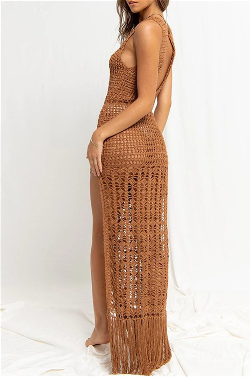 Vestidos de playa casuales con borlas lisas, aberturas transparentes y cuello redondo