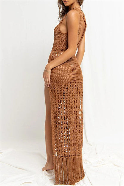 Vestidos de playa casuales con borlas lisas, aberturas transparentes y cuello redondo