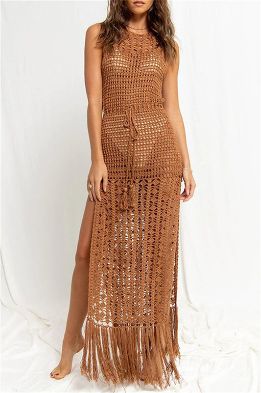 Vestidos de playa casuales con borlas lisas, ahuecados, con abertura transparente y cuello redondo