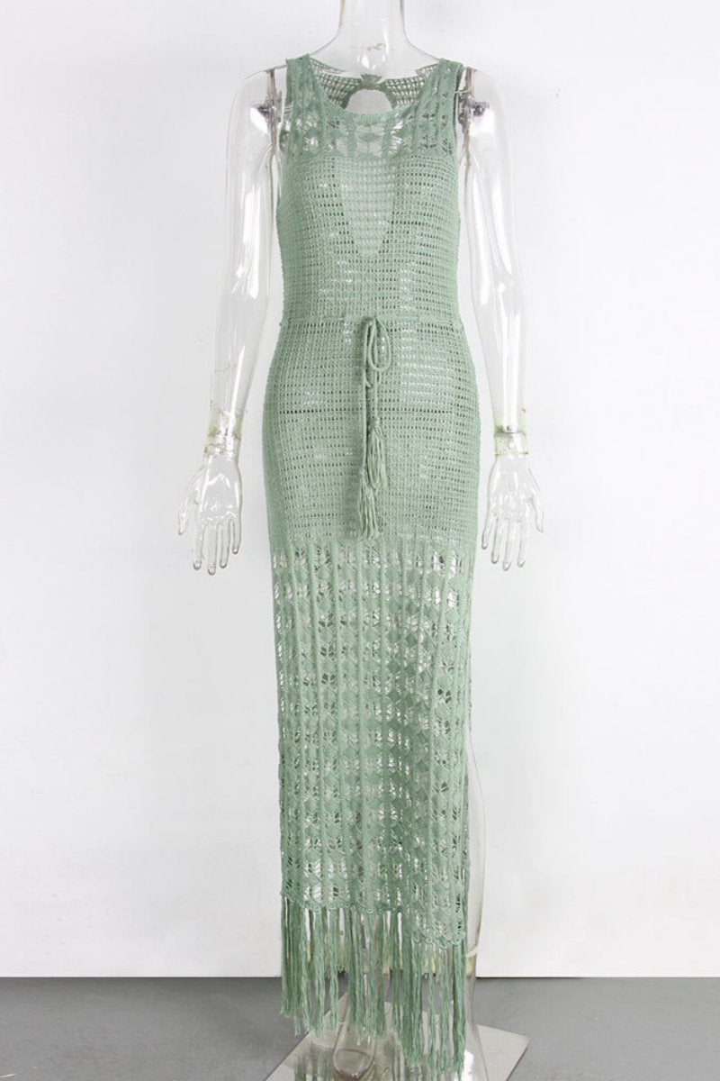 Vestidos de playa casuales con borlas lisas, aberturas transparentes y cuello redondo