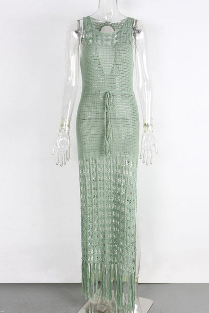 Vestidos de playa casuales con borlas lisas, aberturas transparentes y cuello redondo