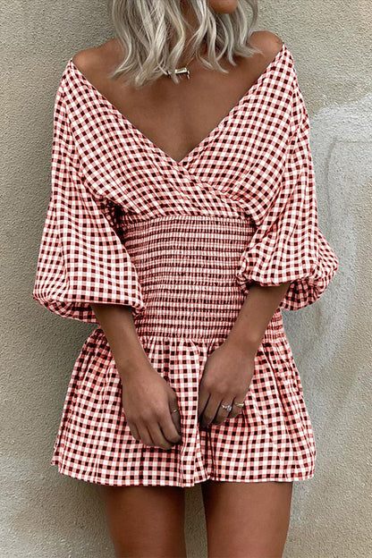 Vestidos casuales con falda a cuadros y escote en V (5 colores)