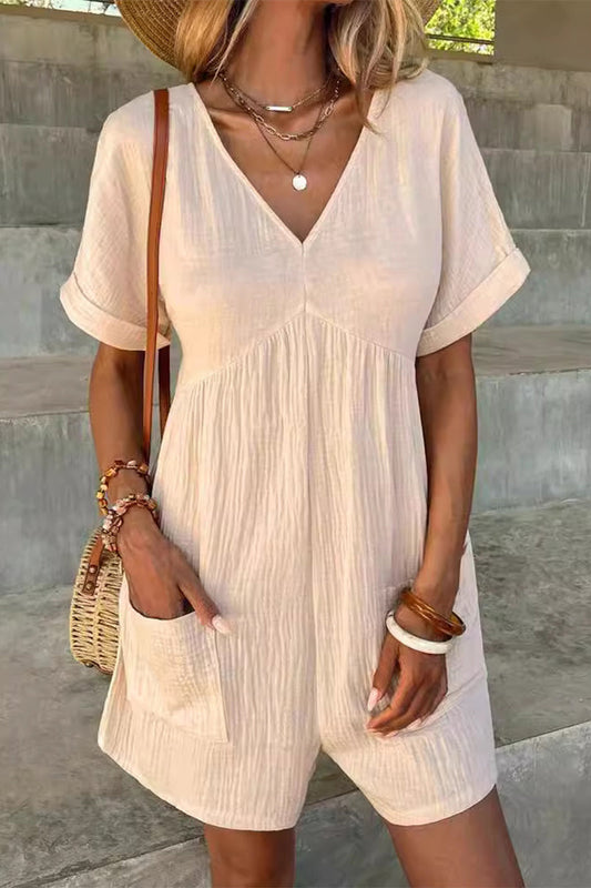 Mono holgado informal sencillo con cuello en V y bolsillos lisos (5 colores)