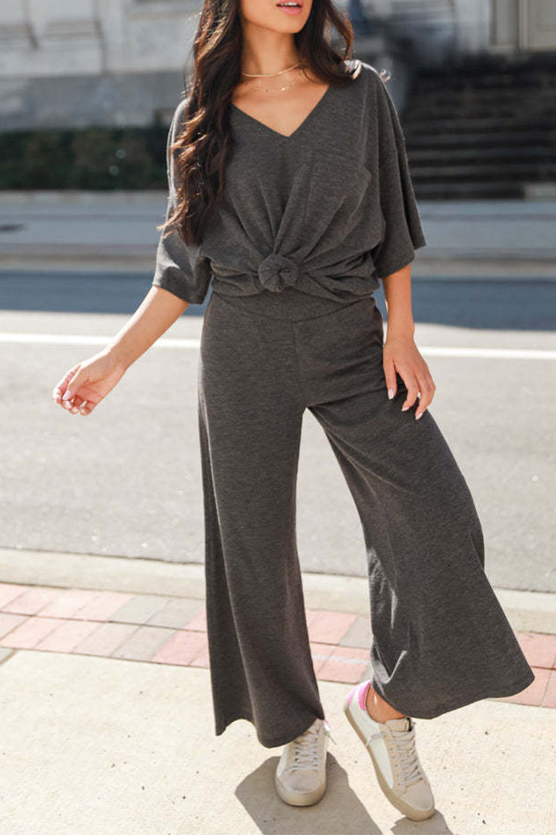 Conjunto informal sencillo de dos piezas con cuello en V, manga corta y bolsillos lisos (4 colores)