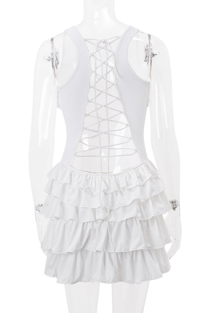 Vestido sexy de fiesta con escote en V, tirantes finos y espalda descubierta, con volantes y falda pastel