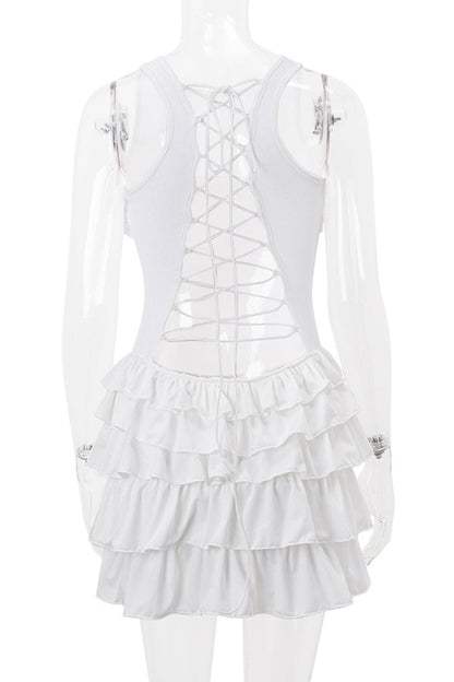 Vestido sexy de fiesta con escote en V, tirantes finos y espalda descubierta, con volantes y falda pastel