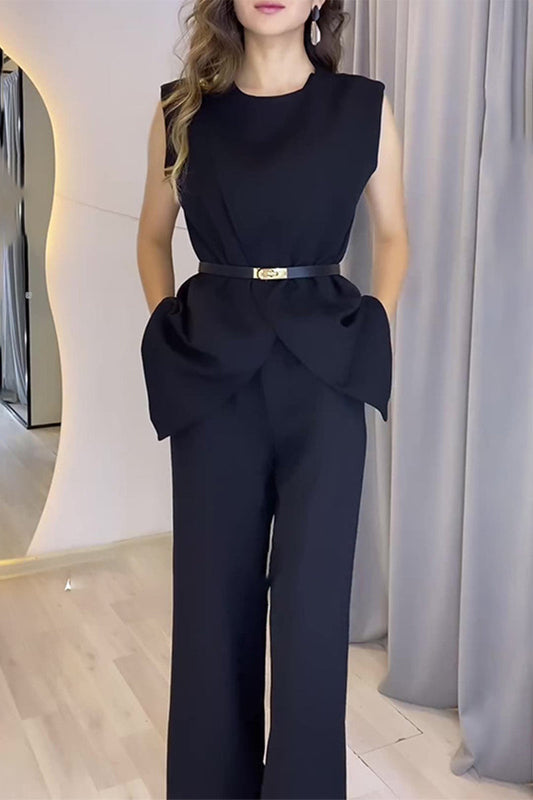 Elegante simplicidad, sólido, bolsillo, cuello redondo, sin mangas, dos piezas