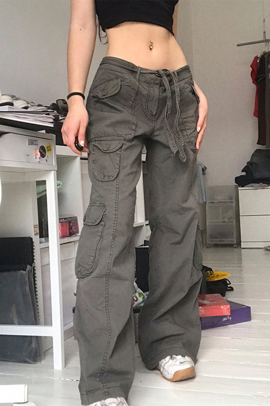 Pantalones casuales de color liso, sueltos, de cintura baja, rectos y con bolsillos