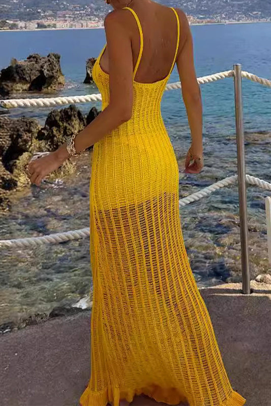 Vestidos sexis de vacaciones con escote en U ahuecado y tirantes finos