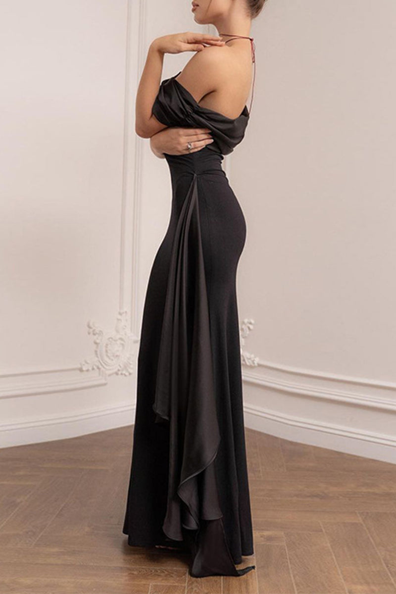 Vestidos de noche formales sexys de malla sólida con cuello oblicuo