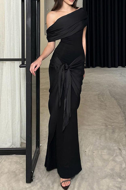 Vestidos de noche formales sexys de malla sólida con cuello oblicuo