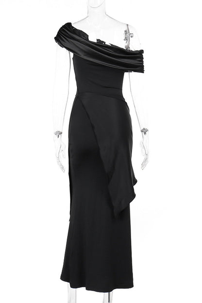 Vestidos de noche formales sexys de malla sólida con cuello oblicuo