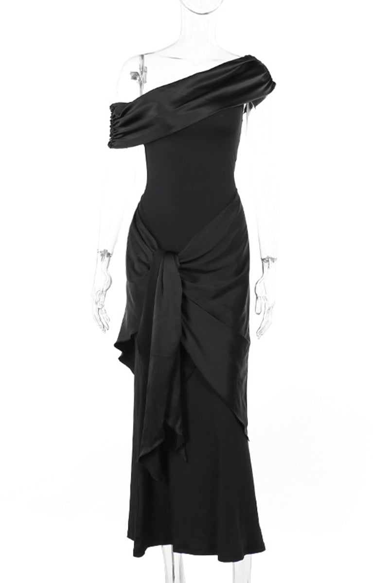 Vestidos de noche formales sexys de malla sólida con cuello oblicuo