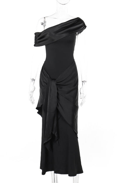 Vestidos de noche formales sexys de malla sólida con cuello oblicuo