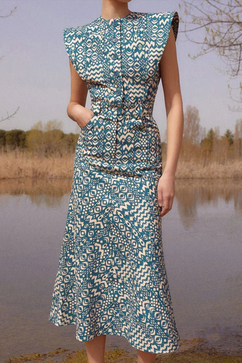 Elegante vestido de falda de un solo paso con cuello redondo, botones y bolsillos florales