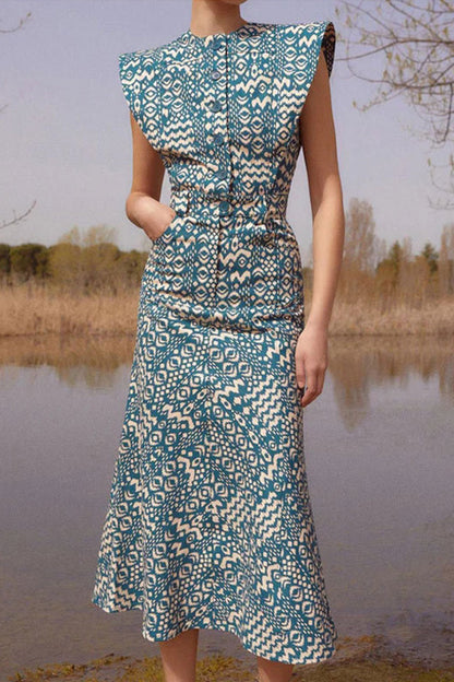 Elegante vestido de falda de un solo paso con cuello redondo, botones y bolsillos florales