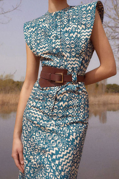 Elegante vestido de falda de un solo paso con cuello redondo, botones y bolsillos florales