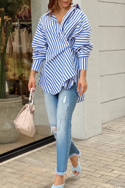 Tops casuales con cuello camisero asimétrico y estampado de rayas de patchwork