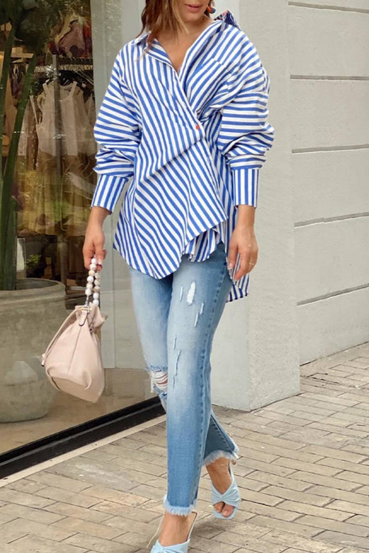 Tops casuales con cuello camisero asimétrico y estampado de rayas de patchwork