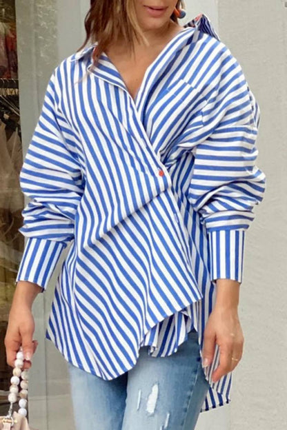 Tops casuales con cuello camisero asimétrico y estampado de rayas de patchwork