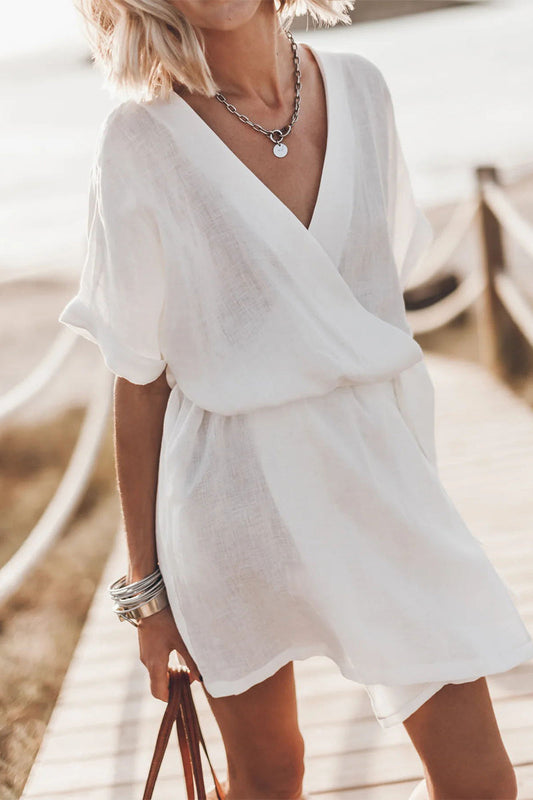 Vestidos casuales sencillos de corte A con cuello en V y bolsillos lisos