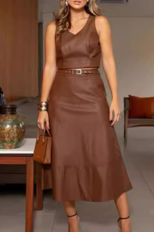 Conjunto de dos piezas informal, sencillo, liso, con escote en V y sin mangas