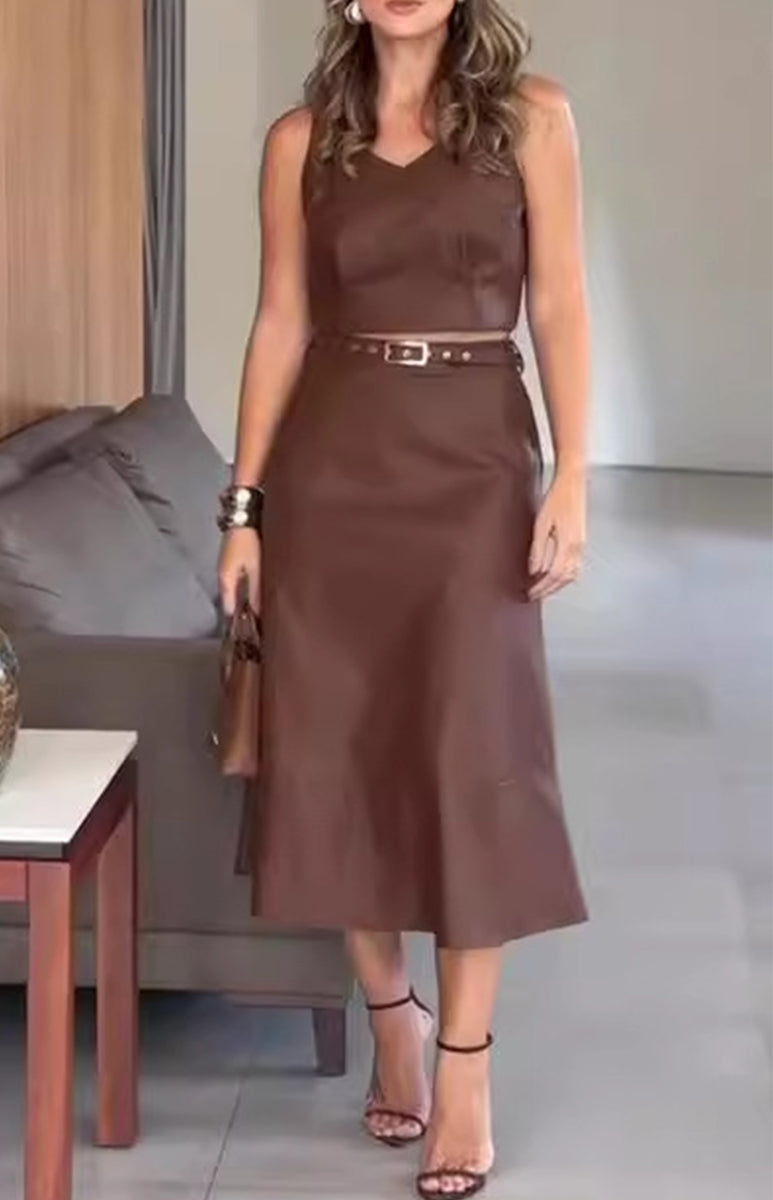 Conjunto de dos piezas informal, sencillo, liso, con escote en V y sin mangas
