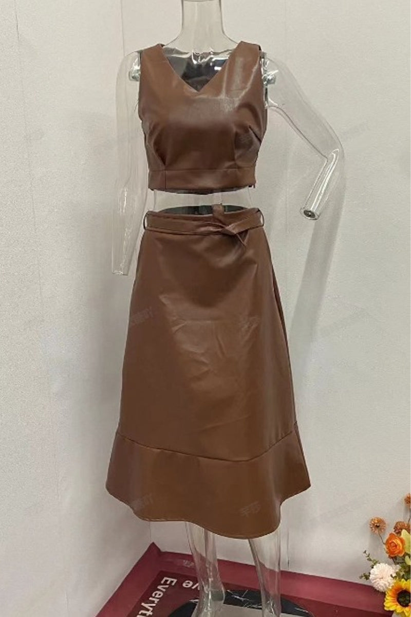 Conjunto de dos piezas informal, sencillo, liso, con escote en V y sin mangas