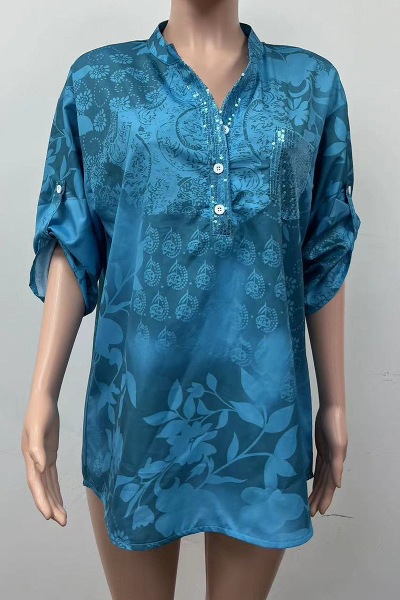 Blusas de cuello mandarín con bolsillos florales en contraste (10 colores)