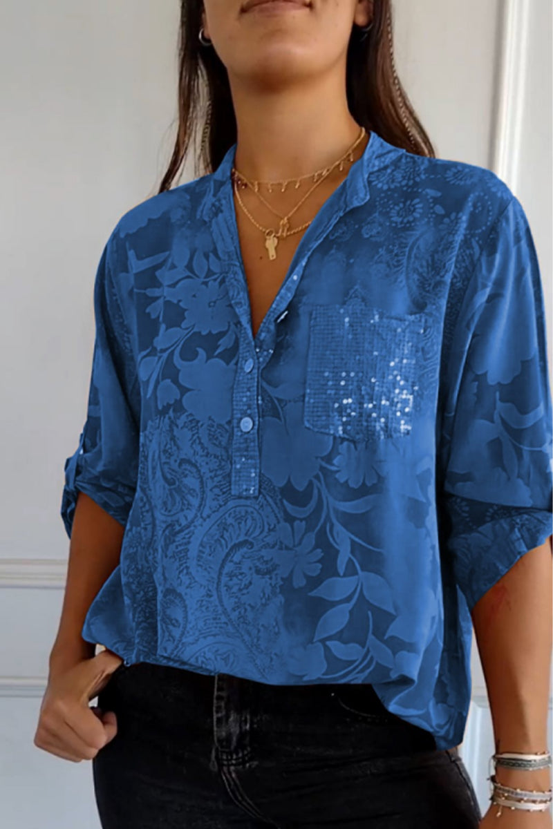 Blusas de cuello mandarín con bolsillos florales en contraste (10 colores)