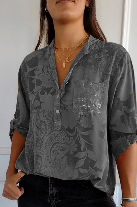 Blusas de cuello mandarín con bolsillos florales en contraste (10 colores)