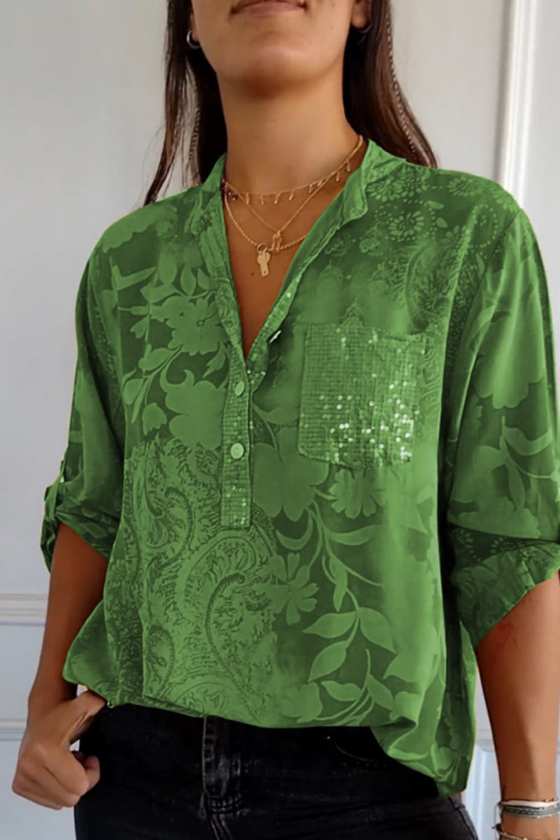 Blusas de cuello mandarín con bolsillos florales en contraste (10 colores)