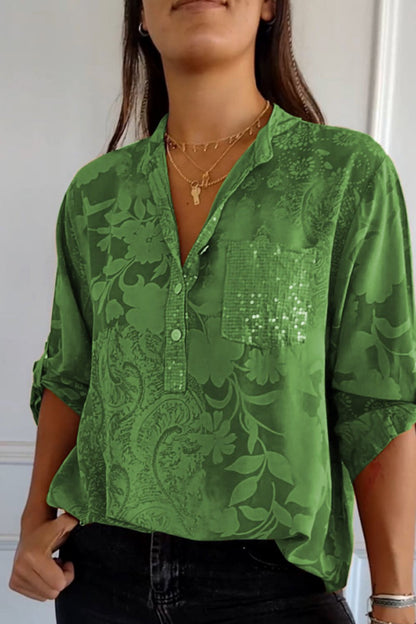 Blusas de cuello mandarín con bolsillos florales en contraste (10 colores)